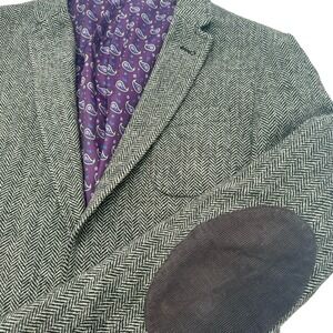 ALTAMODA 40R Gray Herringbone Wool Suit Blazer Sport Coat Elbow Patches Bohemian